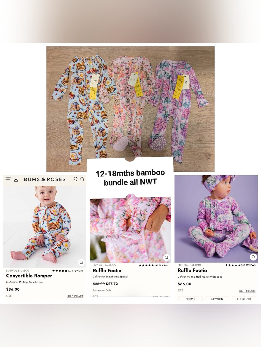 BUMS & ROSES Bamboo 12-18 Months bundle Floral & Pancake Prints All New With Tag